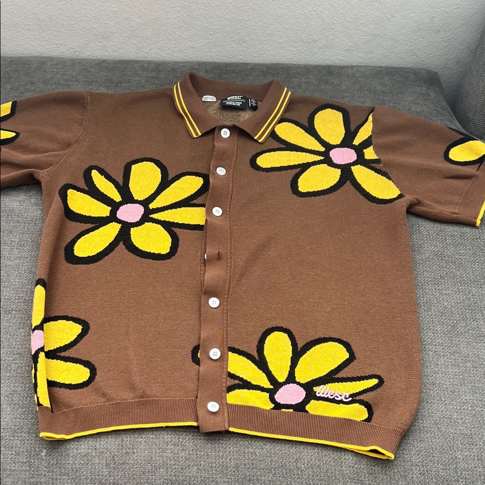 Wesc Brown Polo Cardigan with Yellow & Pink Daisy Accents